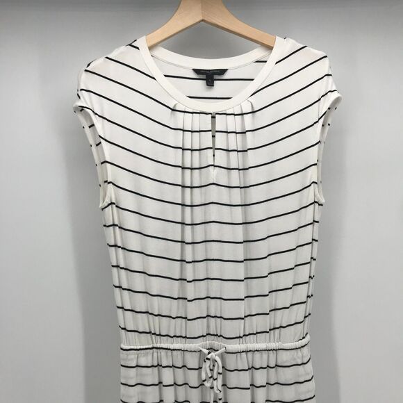 Banana Republic Dress Small White Black Stripe Blouson Keyhole Neck Pockets - Picture 3 of 7
